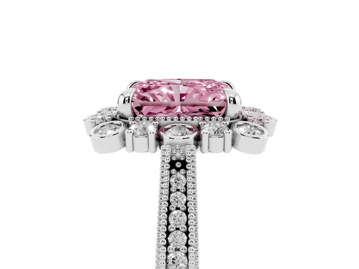 Fancy Pink Radiant Cut Halo Milgrain Pave Diamond Ring with Four-Prong Setting Silver