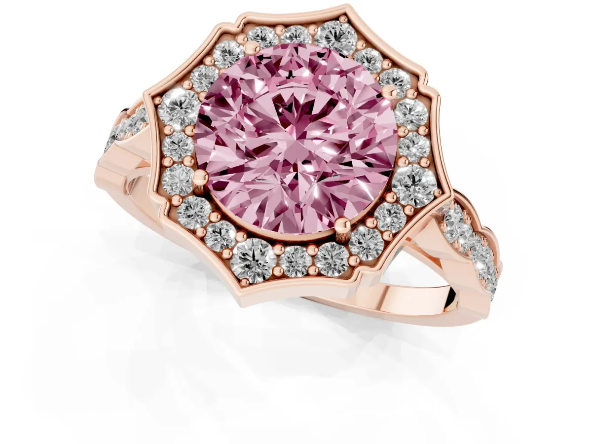 Fancy Pink Round Cut Halo Diamond Engagement Ring with Milgrain Band and Four-Prong Setting Rose gold