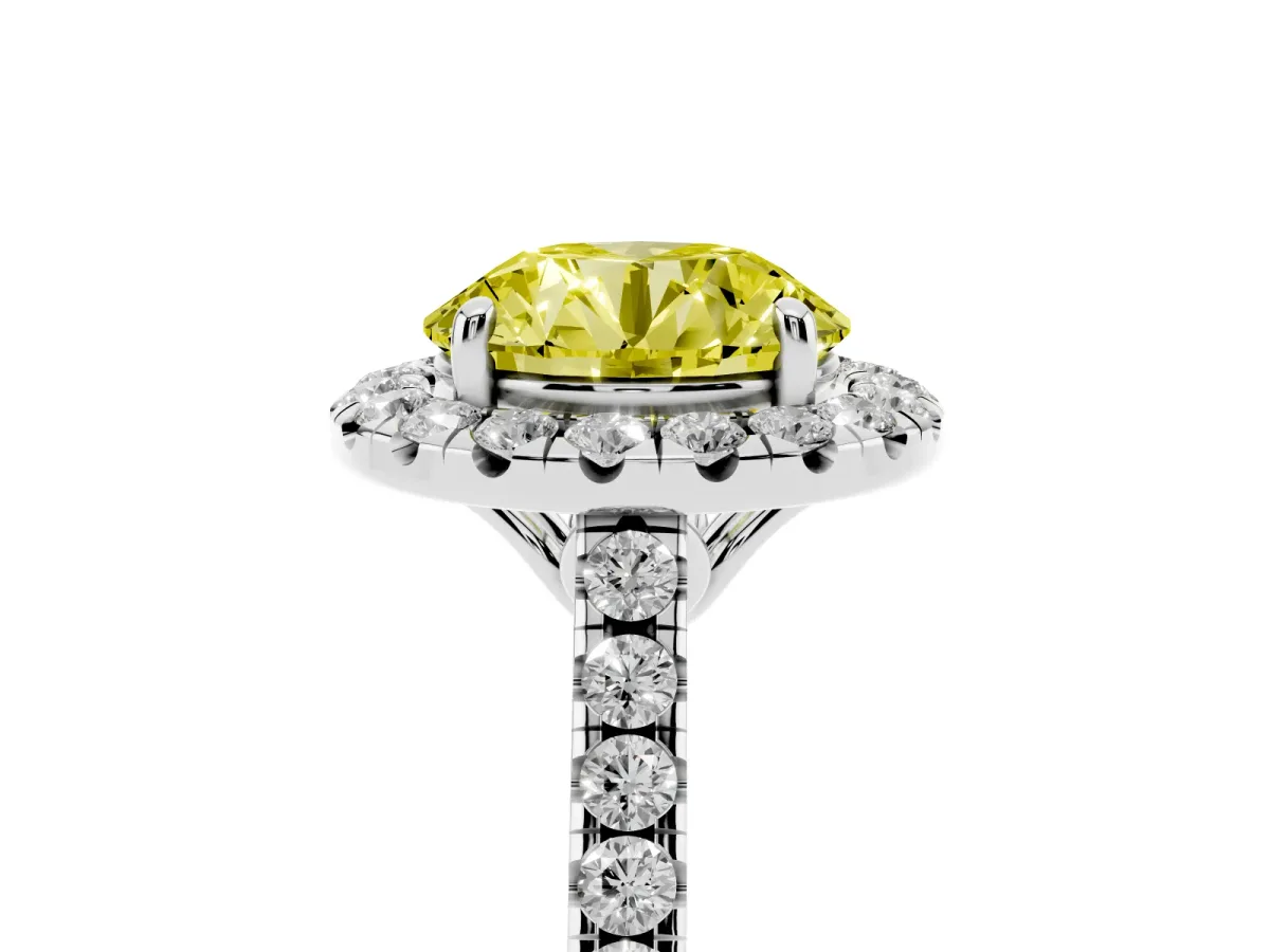 Fancy Yellow Round Cut Halo Pavé Diamond Engagement Ring with Four-Prong Setting Silver