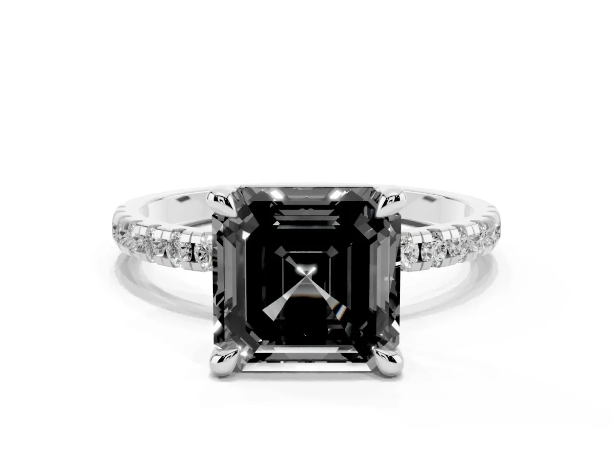 Fancy Black Asscher Cut Diamond Brilliant Solitaire Ring with Pavé Band and Four-Prong Setting Platinum
