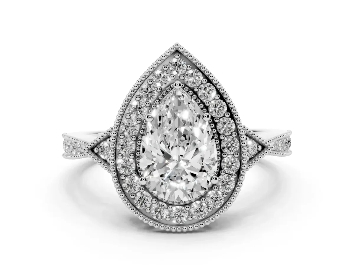 Pear Cut Halo Round Diamond Milgrain Pave Engagement Ring Silver