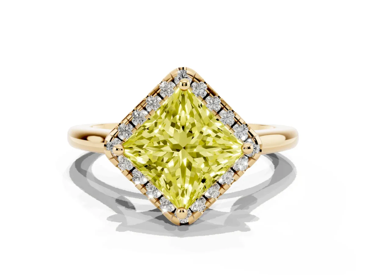 Fancy Yellow Princess Cut Halo Round Diamond Solitaire Engagement Ring with Pave Band and Four-Prong Setting Yellow gold