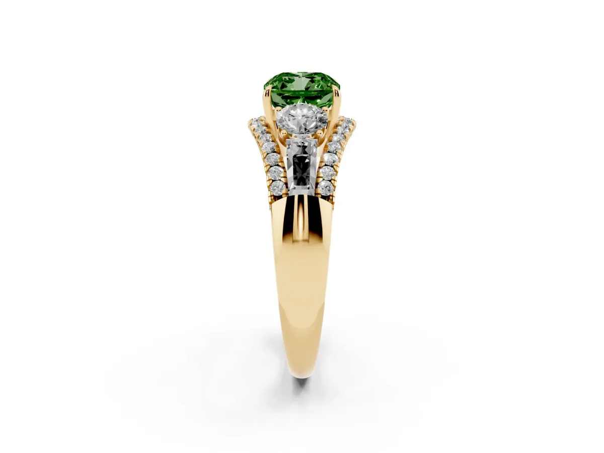 Fancy Green Three-Stone Cushion Cut Diamond Engagement Ring with Pave Band and Prong Setting Yellow gold