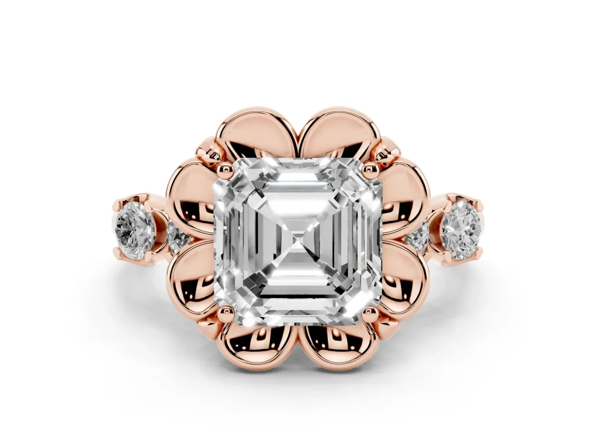 Asscher Cut Cut Diamond Floral Halo Engagement Ring with Shared Prong Setting Rose gold
