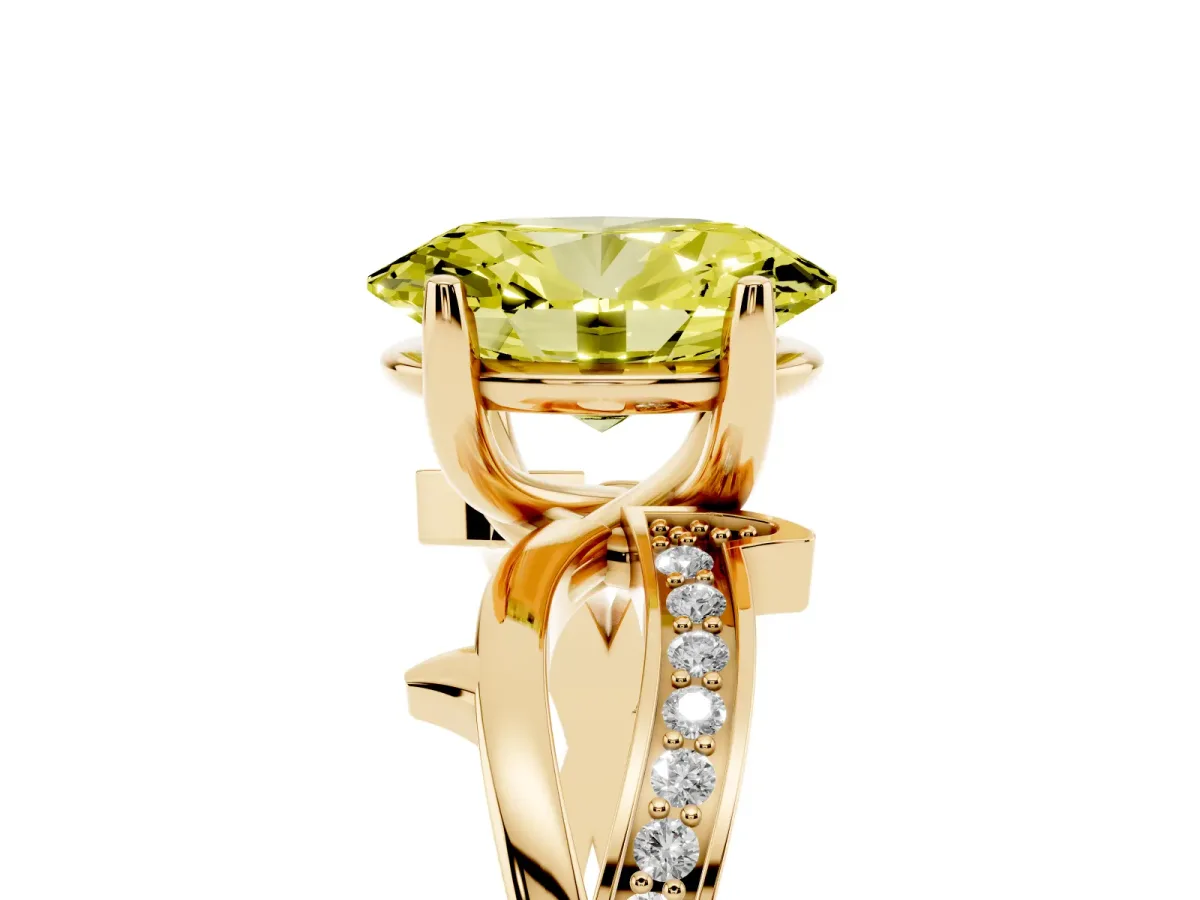 Fancy Yellow Oval Cut Solitaire Twist Band with Pavé Accents and Four-Prong Setting Yellow gold