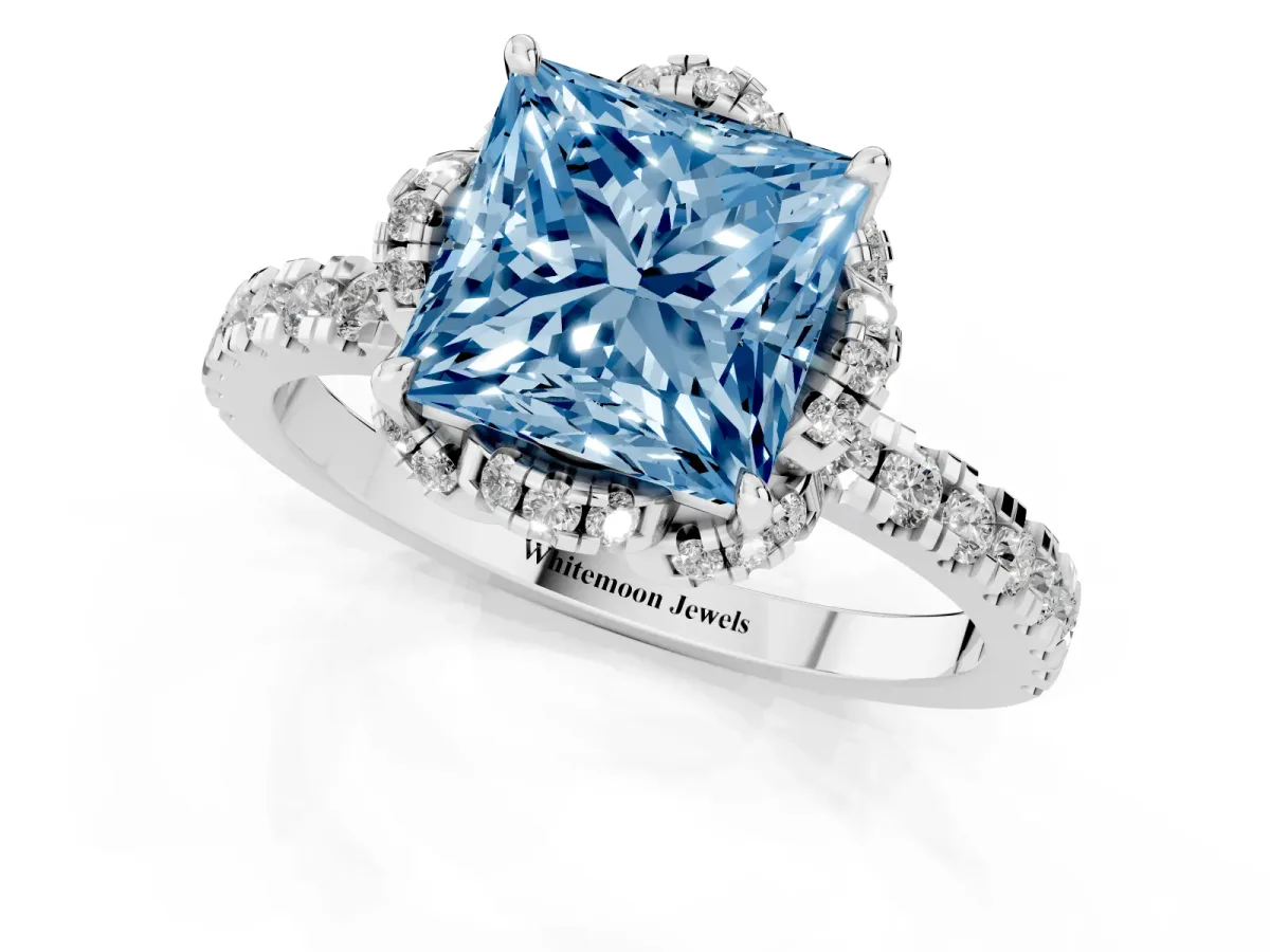 Fancy Blue Princess Cut Halo Diamond Pave Band Ring with Four-Prong Setting Platinum