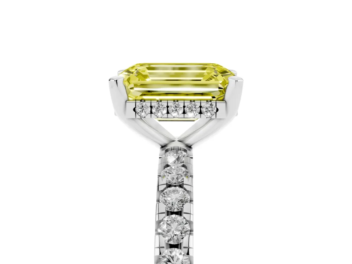 Fancy Yellow Emerald Cut Diamond Solitaire Ring with Round Pavé Band and Four-Prong Setting Silver