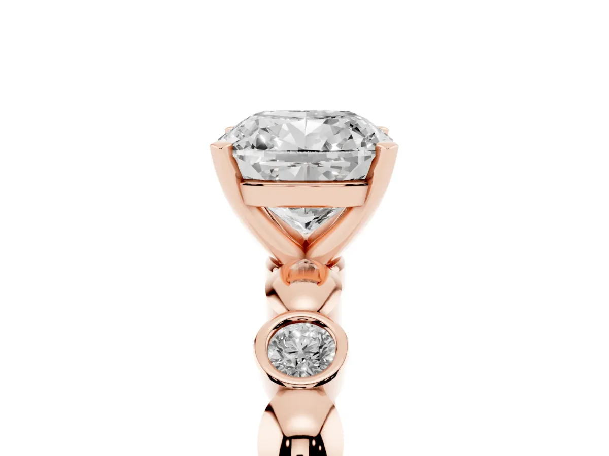 Cushion Cut Solitaire Bezel-Set Diamond Ring with Beaded Band and Four-Prong Setting Rose gold