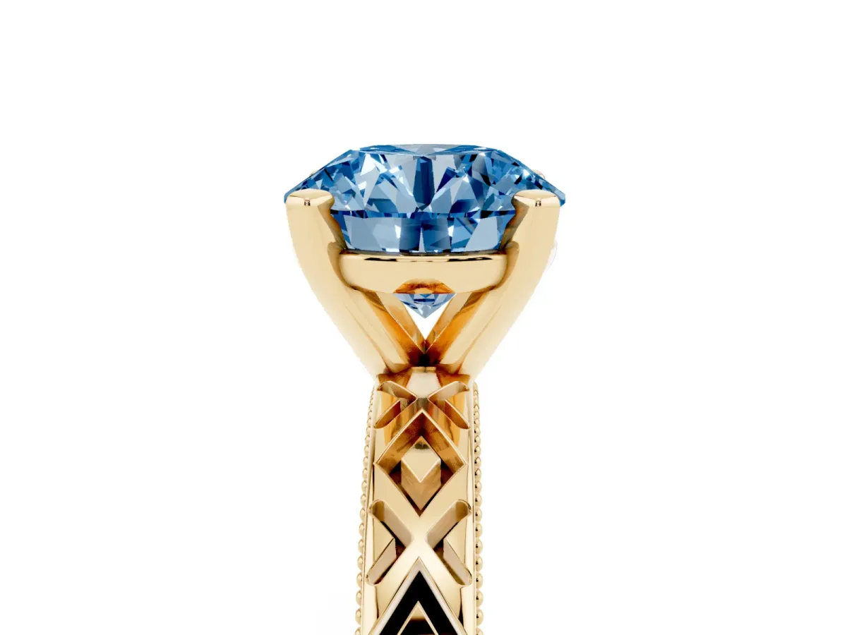 Fancy Blue Round Cut Solitaire Diamond Ring with Milgrain and Black Enamel X Pattern Band Yellow gold