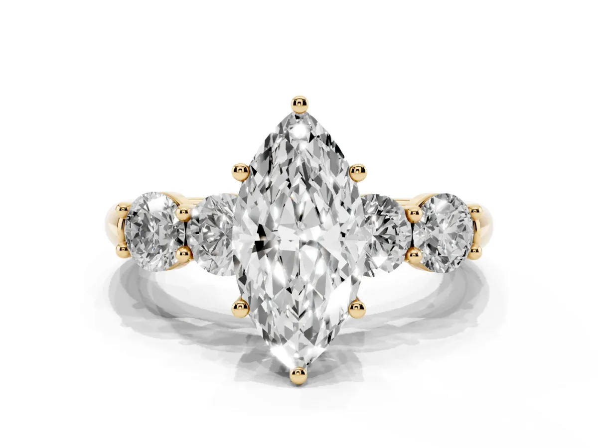 Marquise Cut Cut Five-Stone Prong Set Diamond Ring with Classic Band Yellow gold