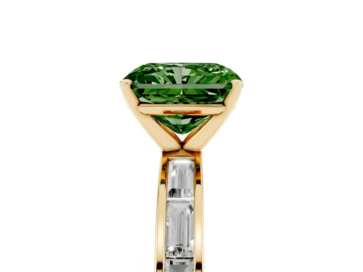 Fancy Green Radiant Cut Solitaire Diamond Ring with Channel-Set Baguette Band and Four-Prong Setting Yellow gold