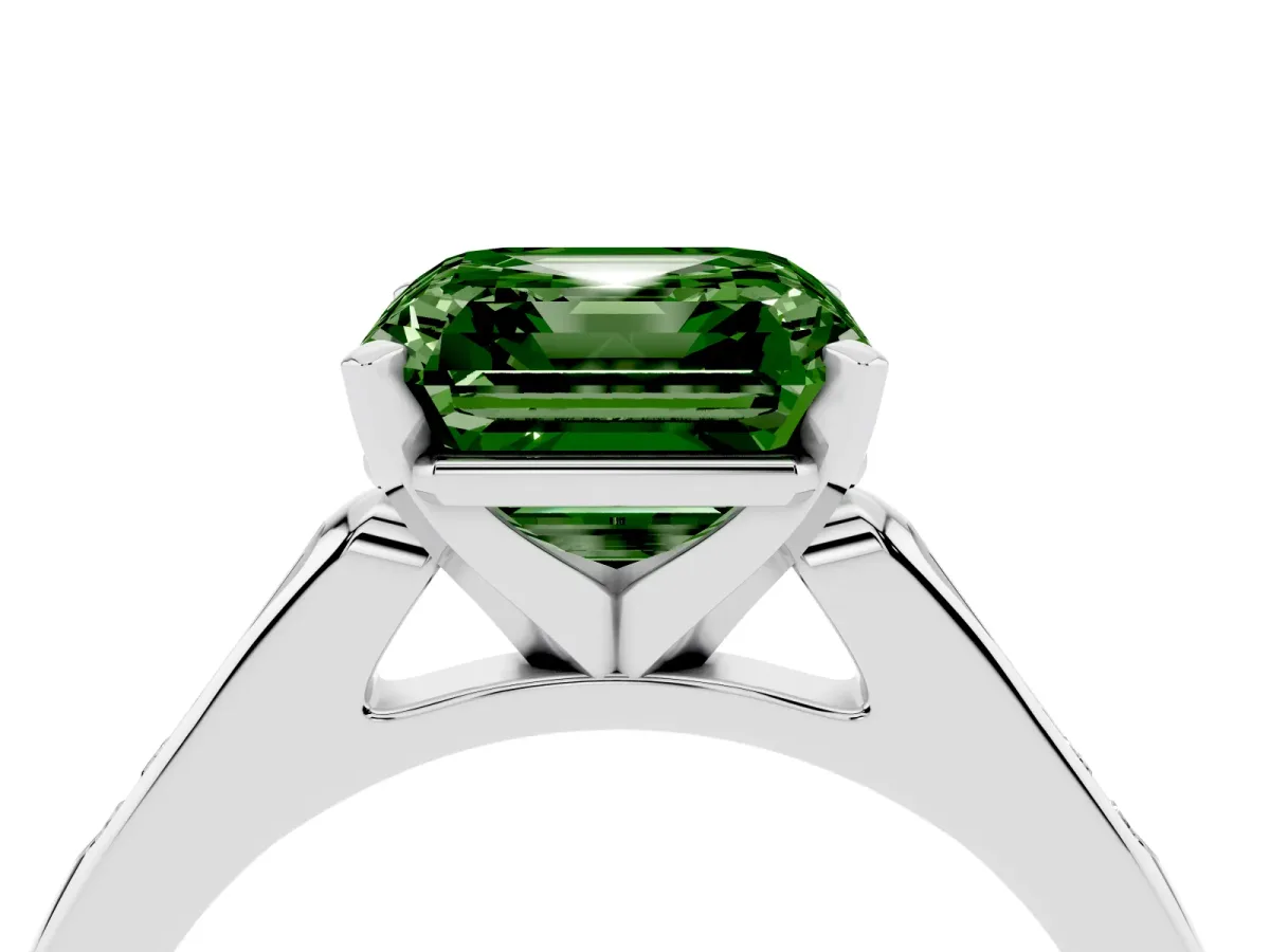 Fancy Green Asscher Cut Diamond Solitaire Ring with Channel Set Round Band and Prong Setting Silver