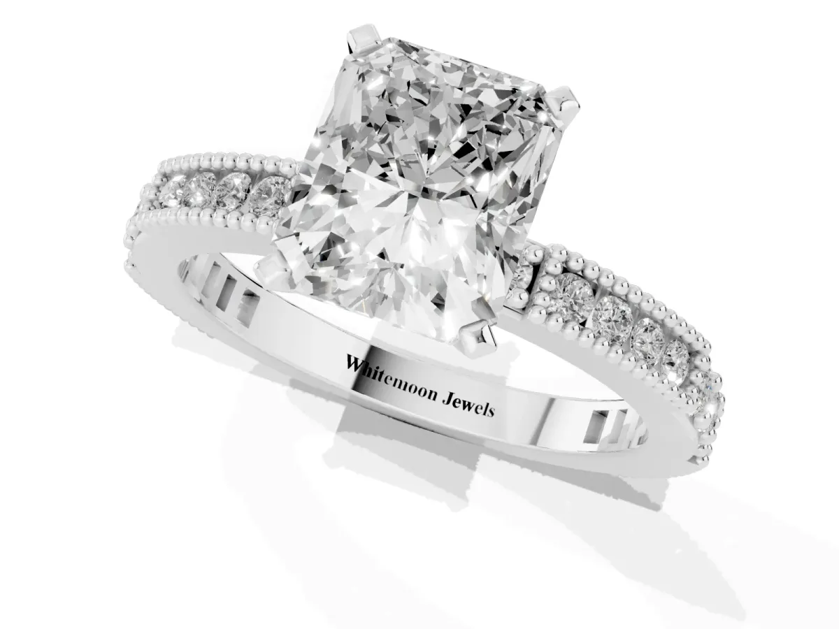 Radiant Cut Solitaire with Pavé Band and Four-Prong Setting Platinum