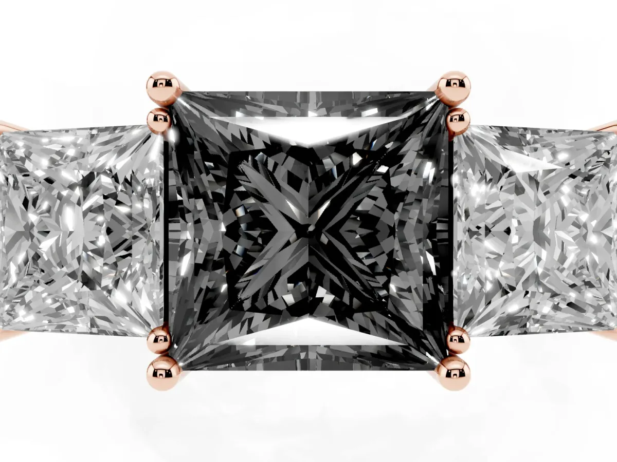 Fancy Black Three-Stone Princess Cut Cut Diamond Engagement Ring with Prong Setting on a White Gold Band Rose gold