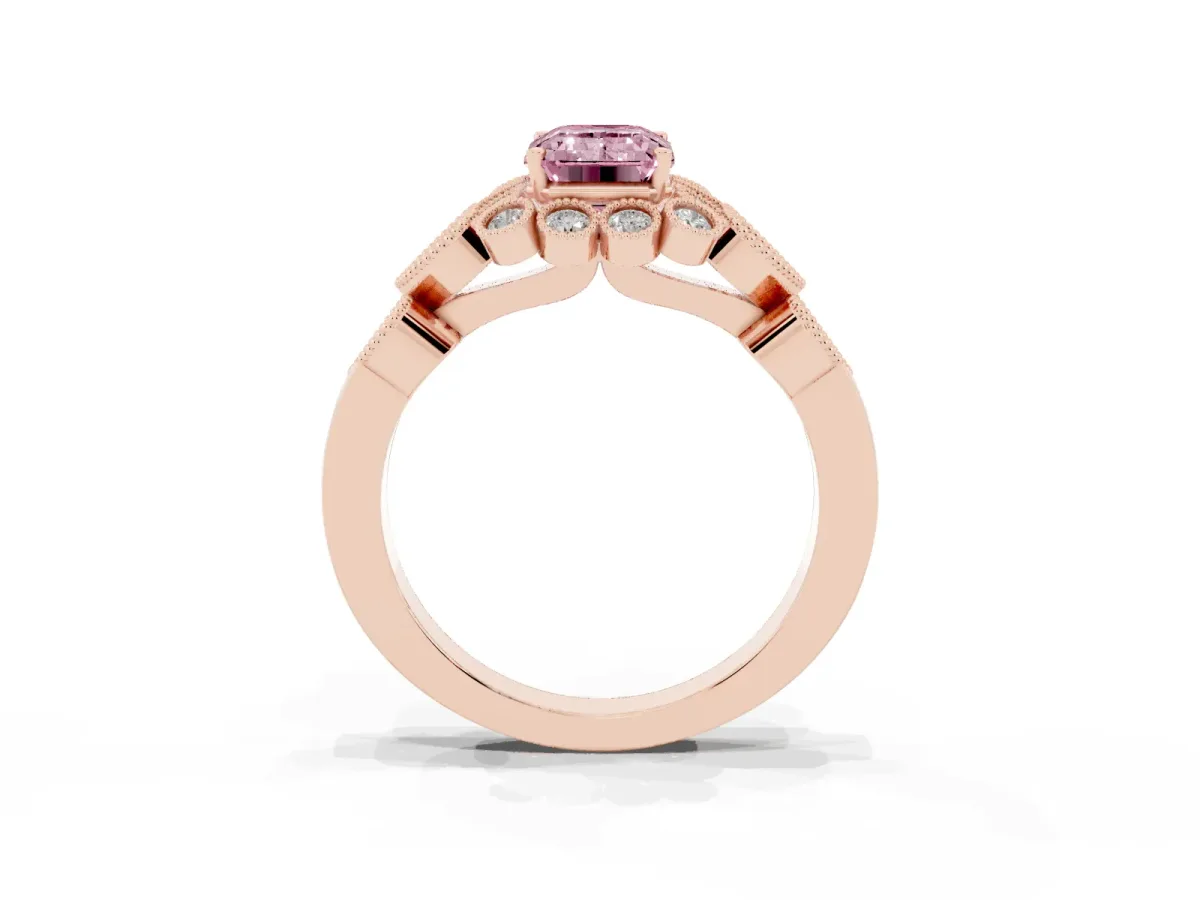 Fancy Pink Emerald Cut Brilliant Milgrain Pave Heart Band Solitaire Ring Rose gold