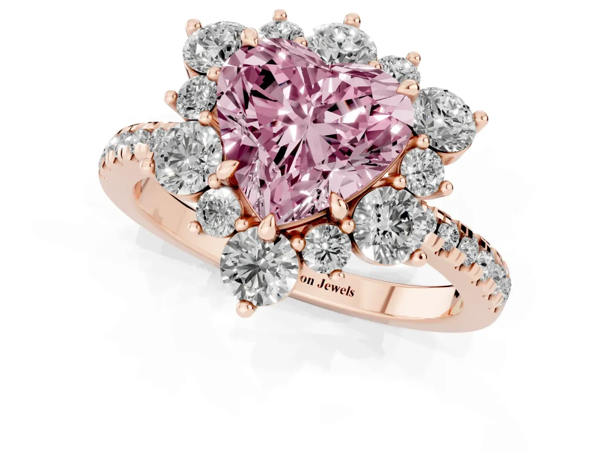 Fancy Pink Heart Cut Diamond Floral Halo Ring with Round Pavé Band and Prong Setting Rose gold