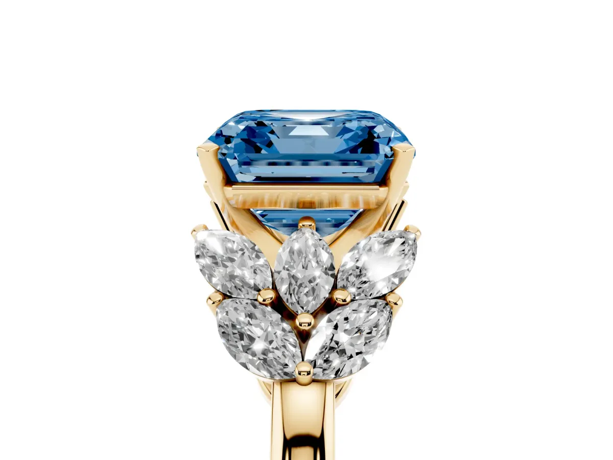 Fancy Blue Asscher Cut Diamond Cluster Leaf Design Ring with Prong Setting Yellow gold