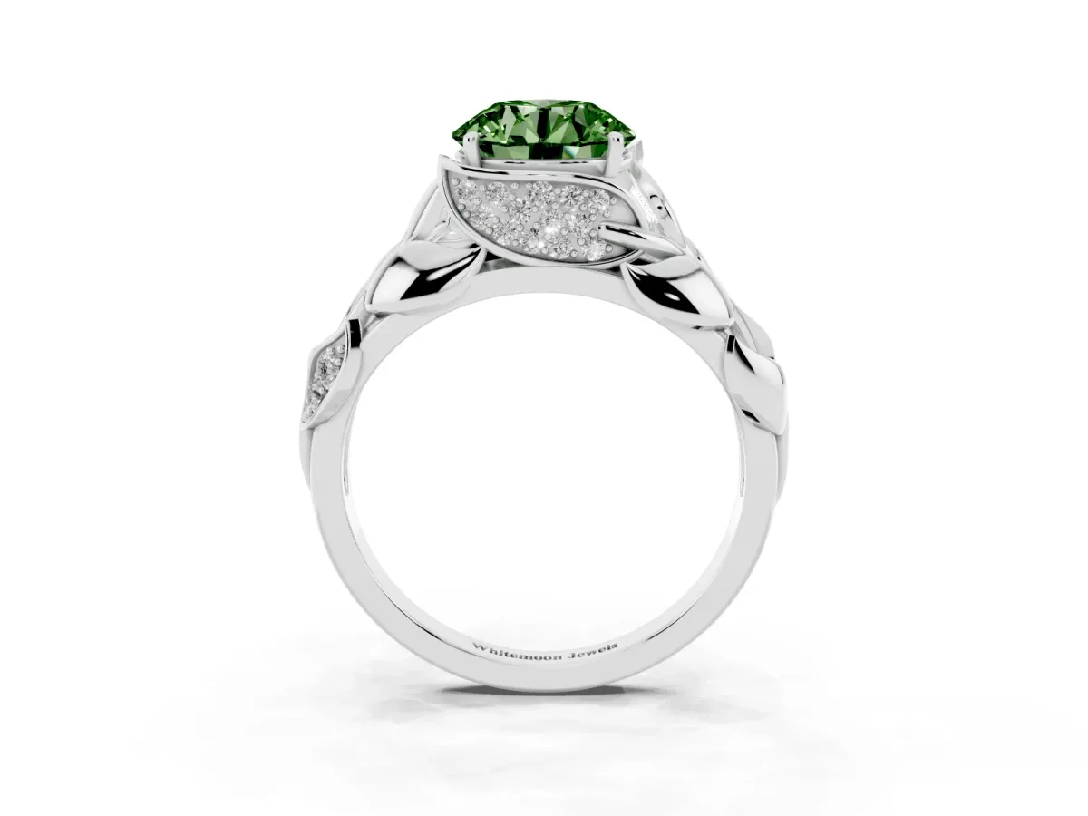 Fancy Green Round Cut Diamond Leaf-Inspired Engagement Ring with Round Accents and Prong Setting White gold