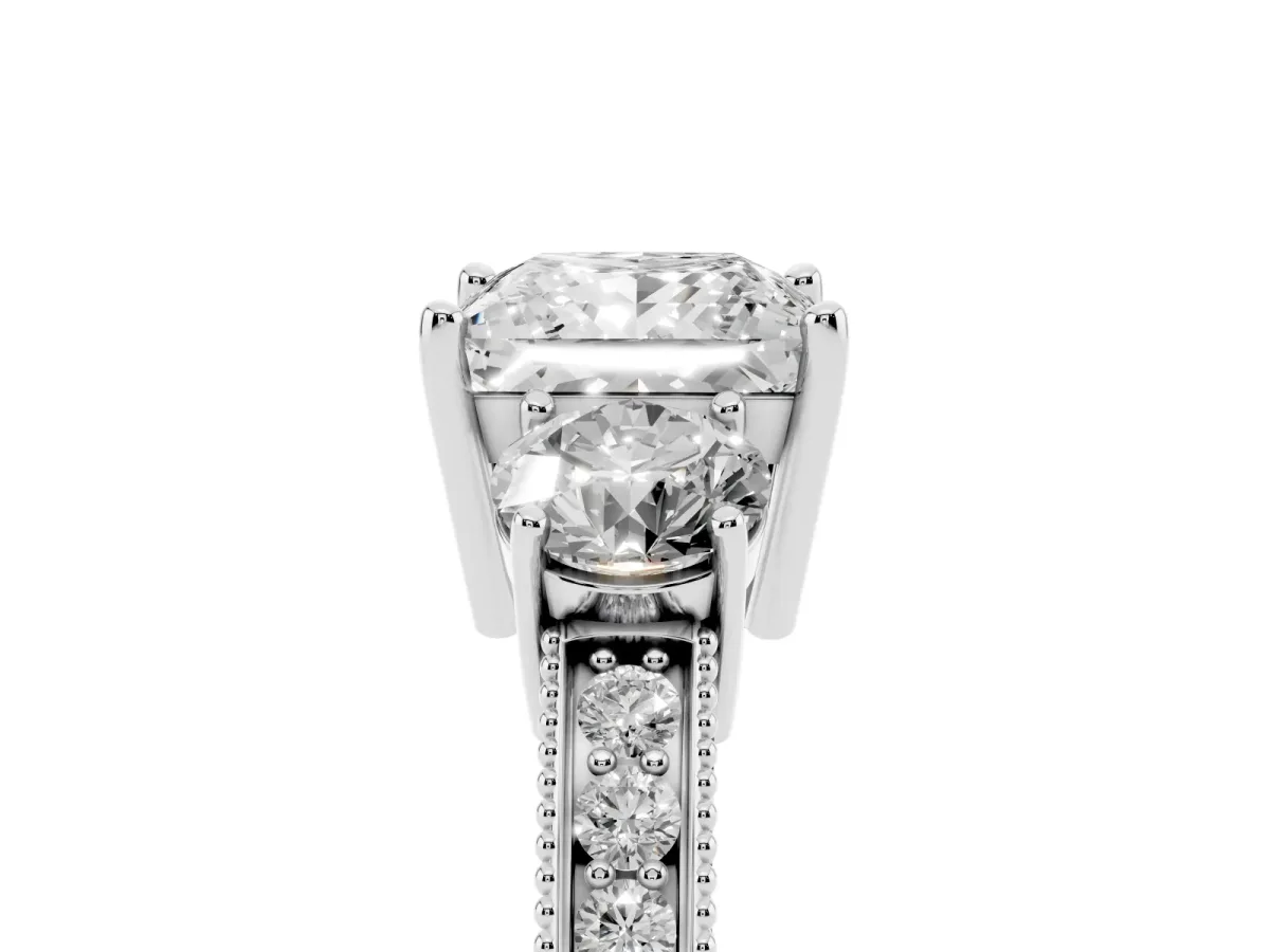 Princess Cut Three-Stone Diamond Ring with Pavé Band and Four-Prong Setting Silver