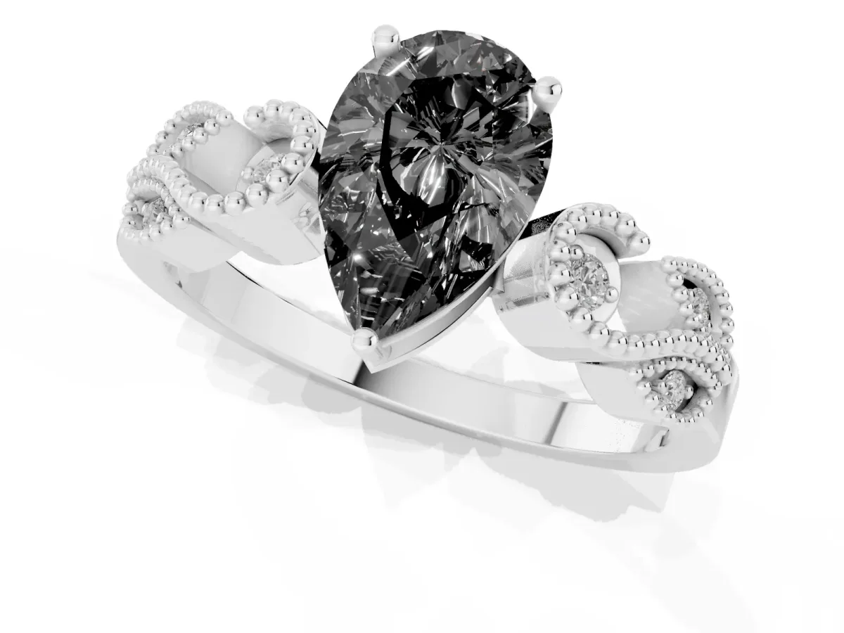 Fancy Black Pear Cut Solitaire Milgrain Leaf Band with Prong Setting Silver
