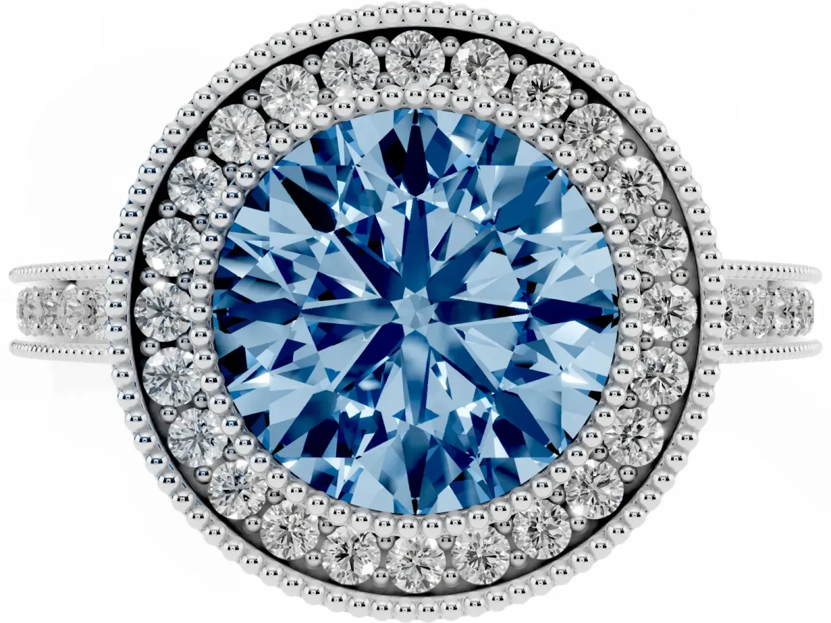 Fancy Blue Round Cut Cut Halo Diamond Ring with Pavé Band and Milgrain Prong Setting White gold