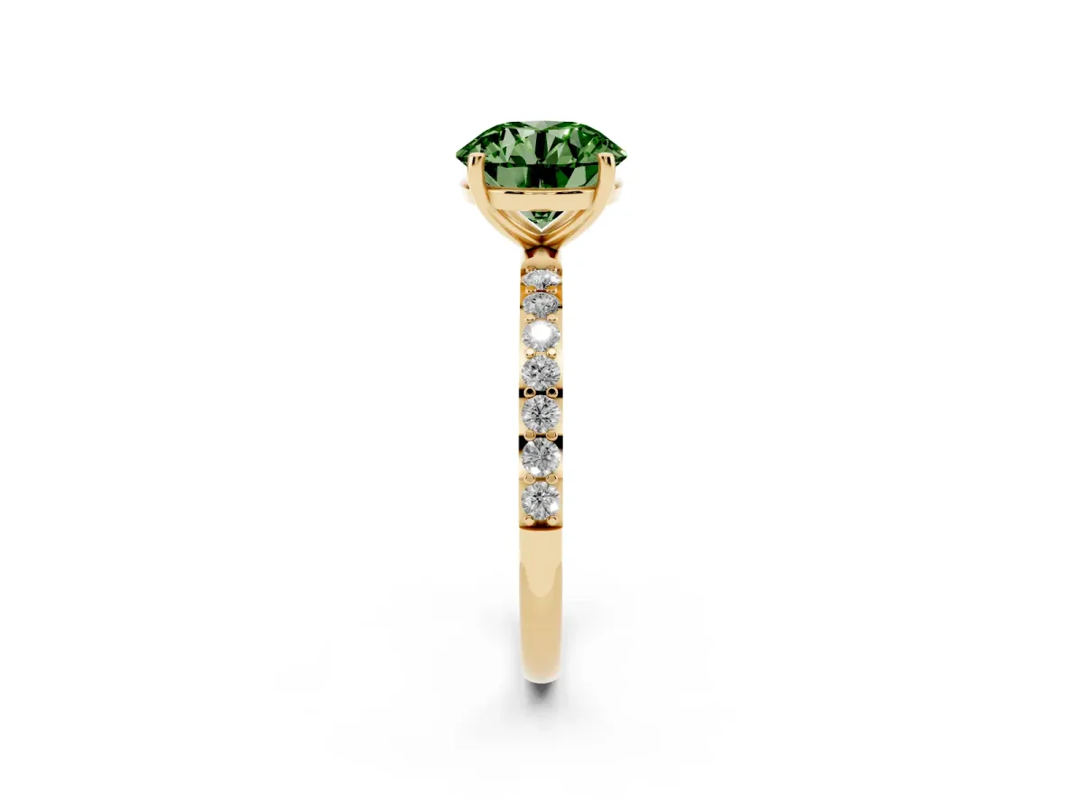 Fancy Green Round Cut Diamond Solitaire Ring with Round Pavé Shoulders and Prong Setting Yellow gold