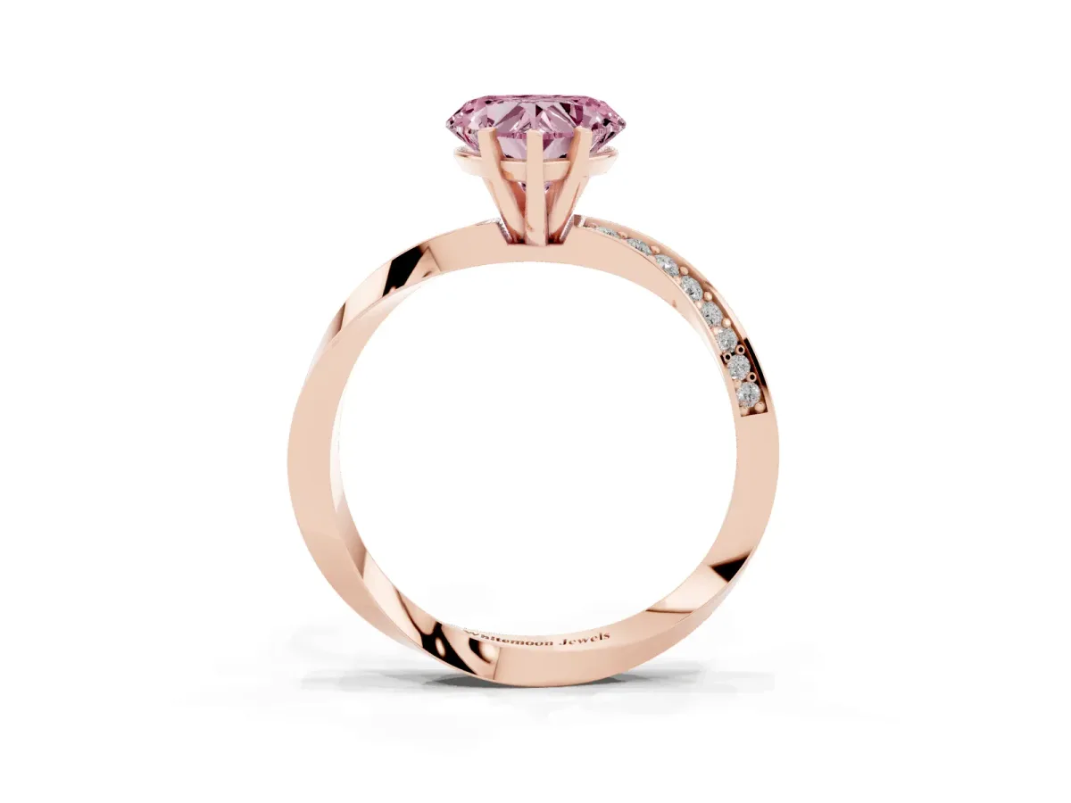 Fancy Pink Heart Cut Diamond Engagement Ring with Side Stone Accents and Four-Prong Setting Rose gold