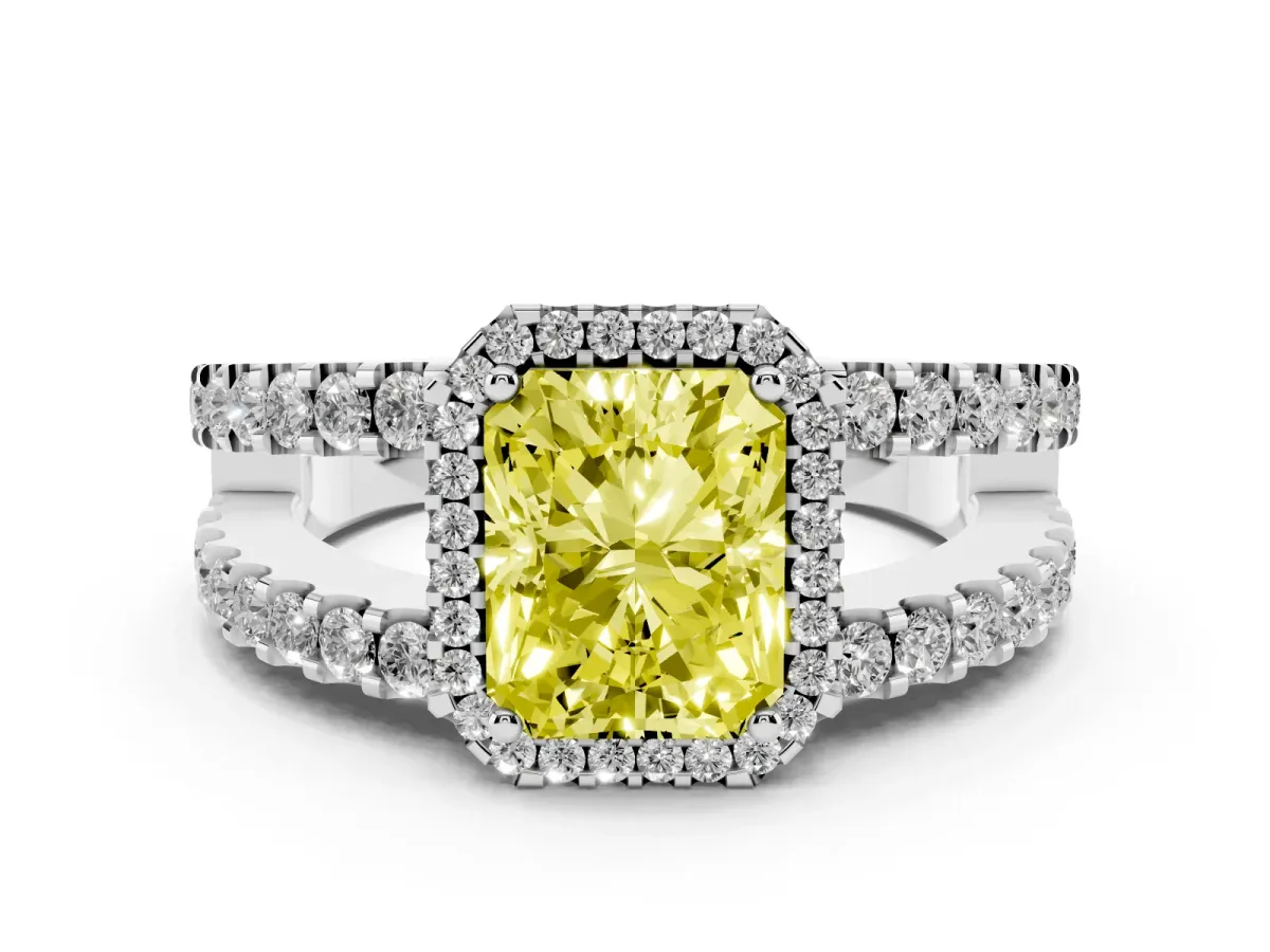 Fancy Yellow Radiant Cut Cut Halo Split Shank Diamond Ring with Four-Prong Setting Silver
