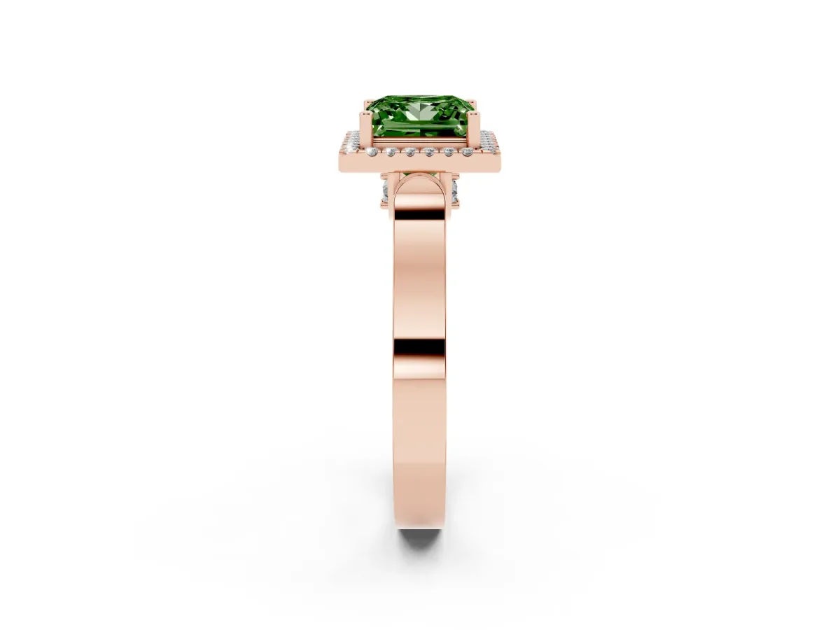 Fancy Green Princess Cut Halo Round Diamond Twist Band with Four-Prong Setting Rose gold