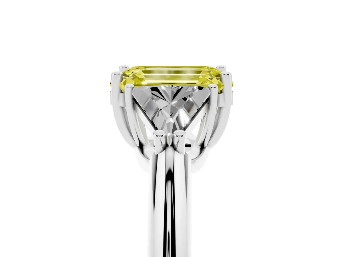 Fancy Yellow Three-Stone Emerald Cut Diamond Engagement Ring with Trillion Side Stones and Prong Setting White gold