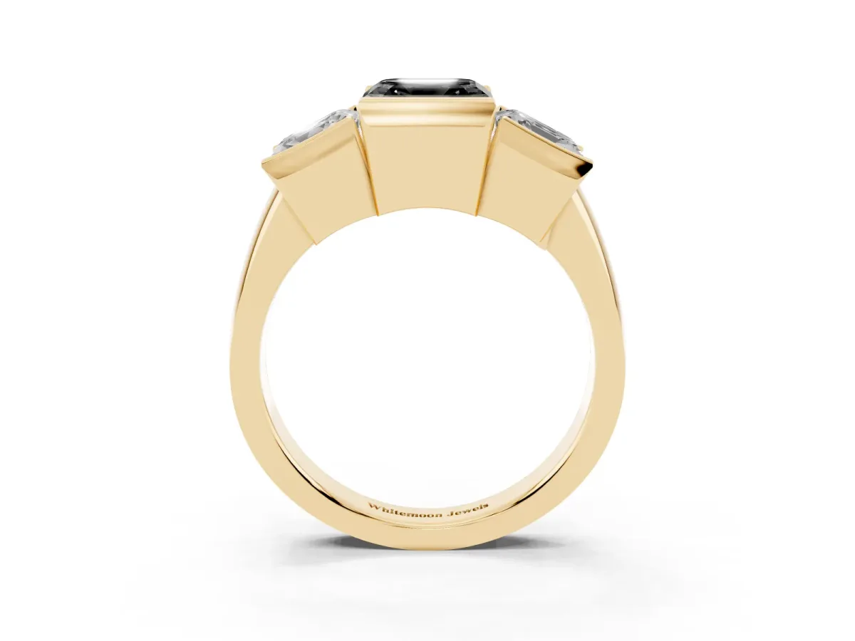 Fancy Black Three Stone Asscher Cut Cut Channel Set Diamond Ring Yellow gold