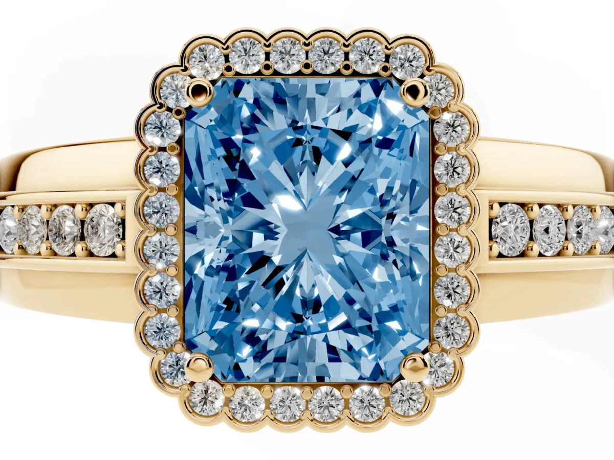 Fancy Blue Radiant Cut Cut Halo Pave Band Four-Prong Ring Yellow gold