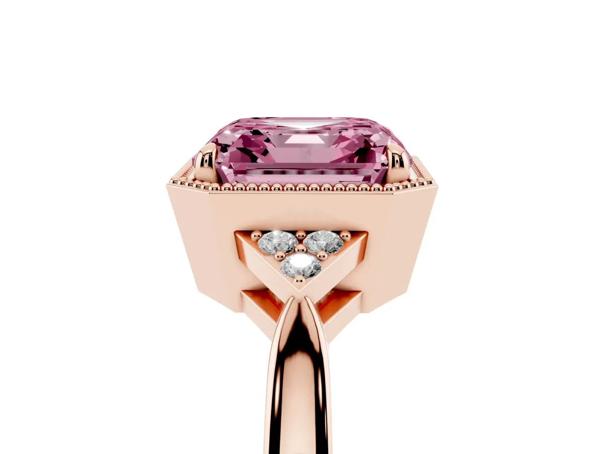 Fancy Pink Asscher Cut Diamond Halo Ring with Tapered Band and Four-Prong Setting Rose gold