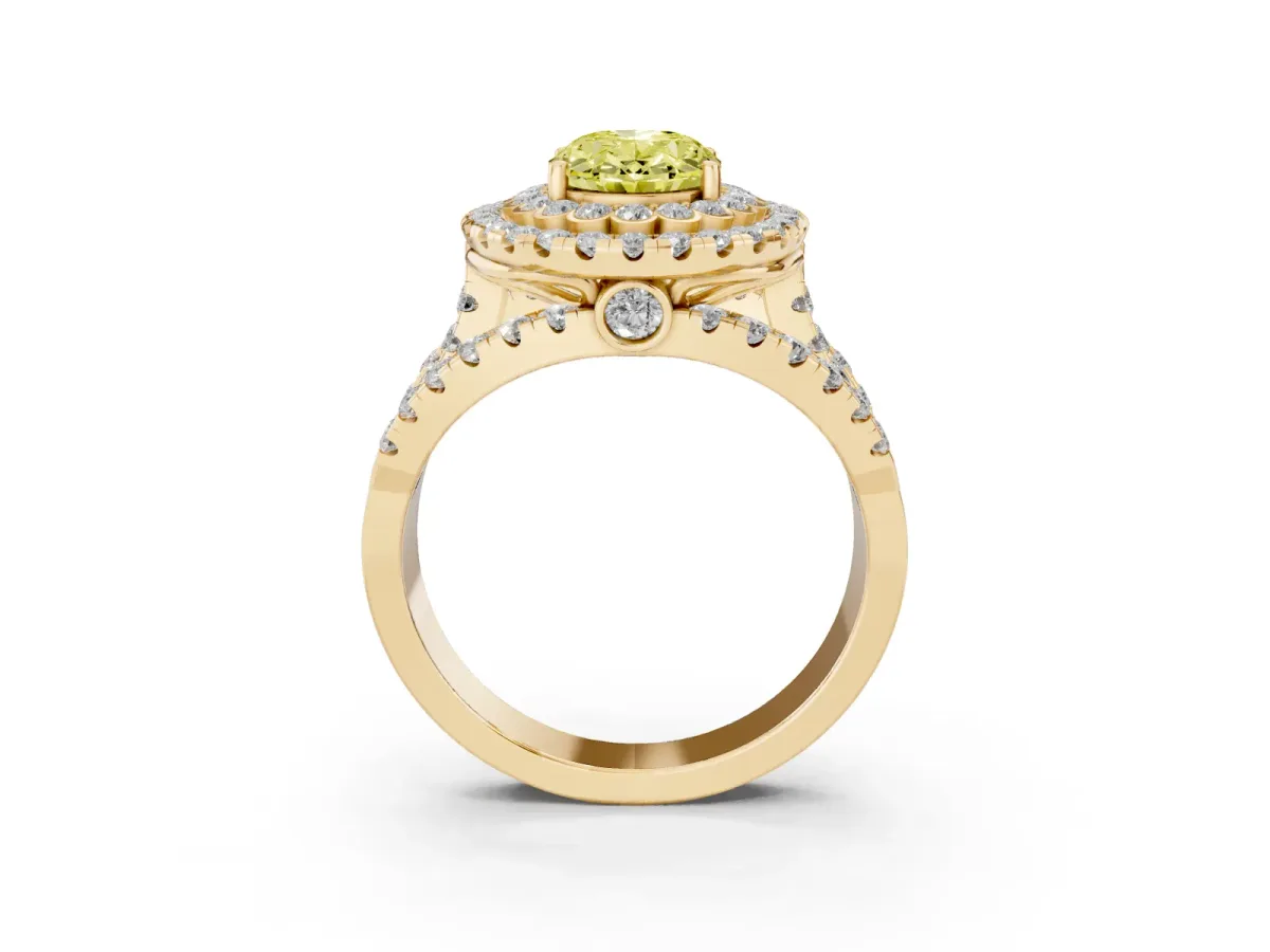 Fancy Yellow Oval Cut Diamond Double Halo Ring with Round Pavé Split Shank and Prong Setting Yellow gold