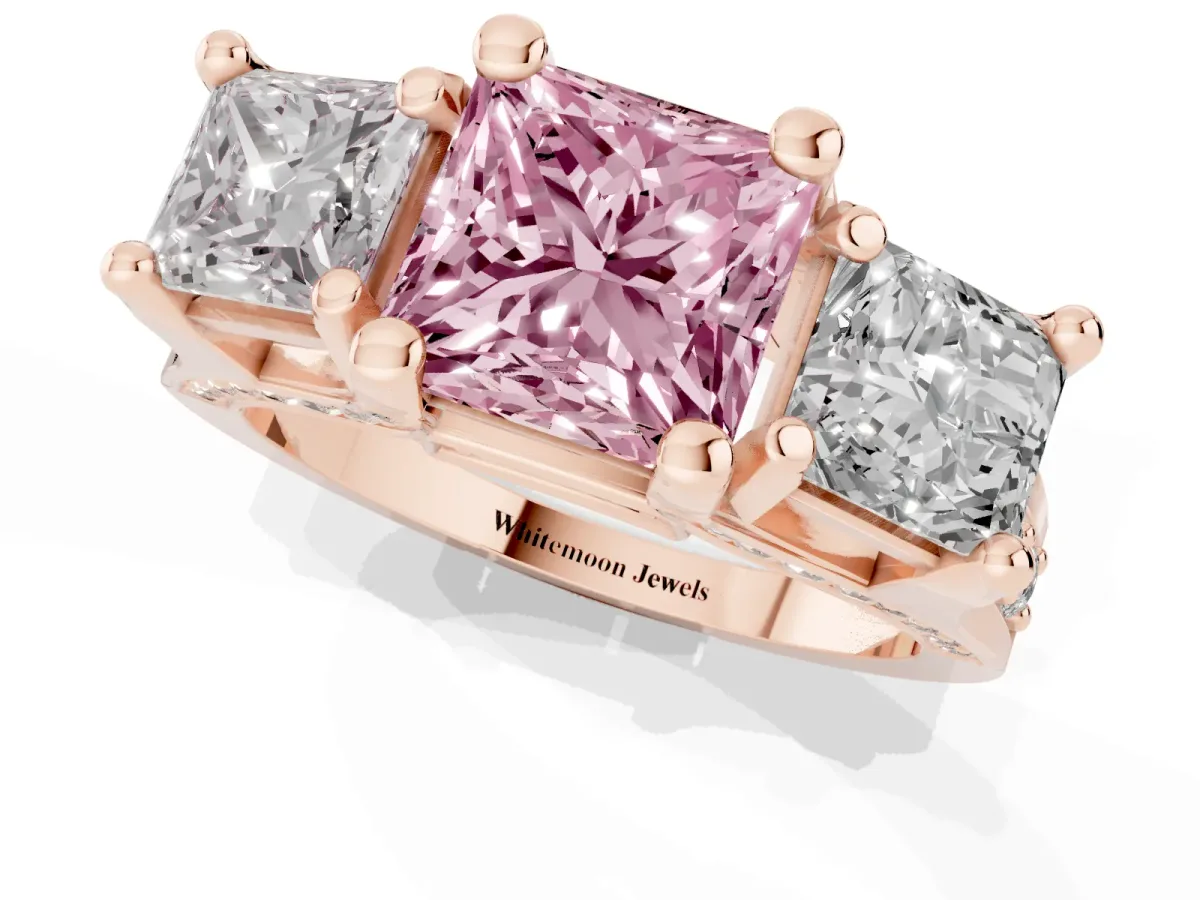Fancy Pink Princess Cut Diamond Three-Stone Ring with Channel Set Band and Four-Prong Setting Rose gold