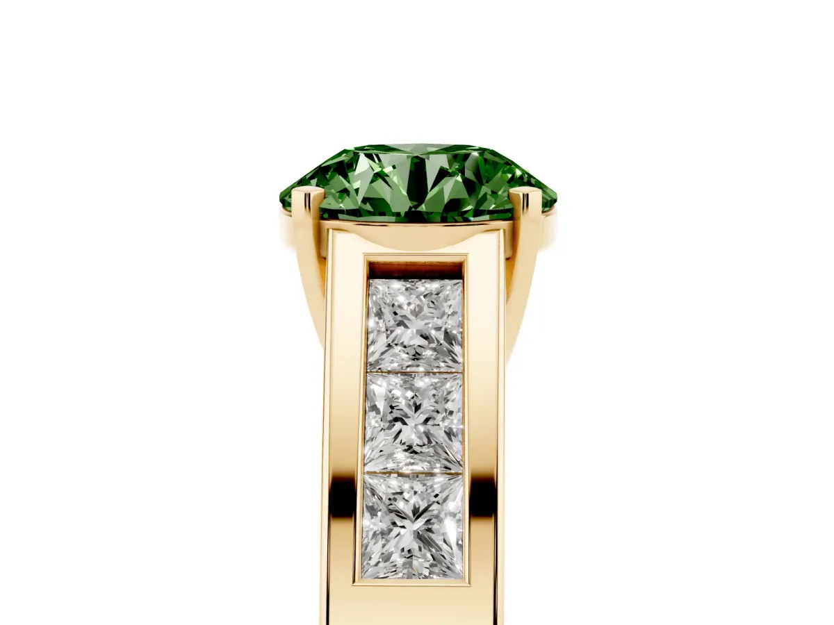 Fancy Green Round Cut Cut Channel Set Solitaire Ring with Four-Prong Setting Yellow gold