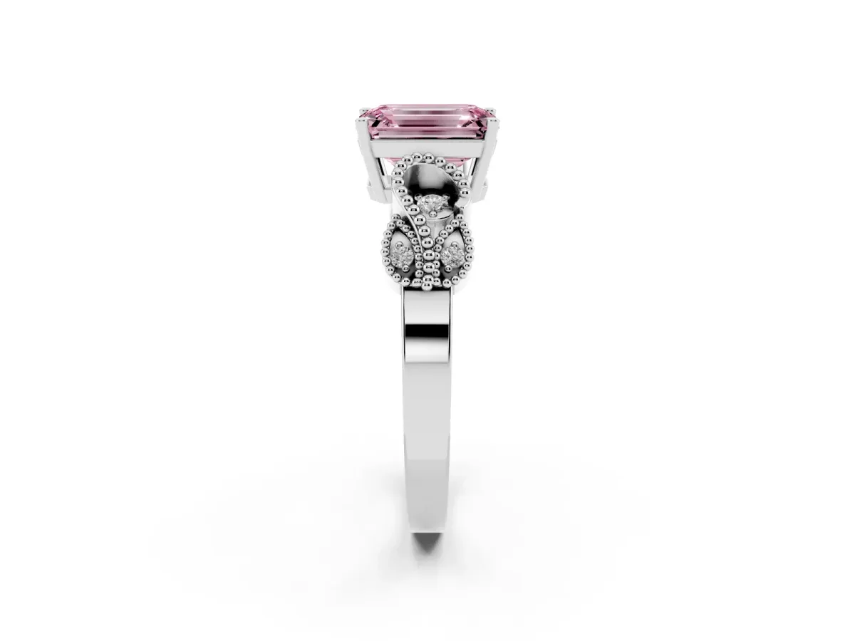 Fancy Pink Emerald Cut Solitaire Milgrain Leaf Band with Prong Setting Silver