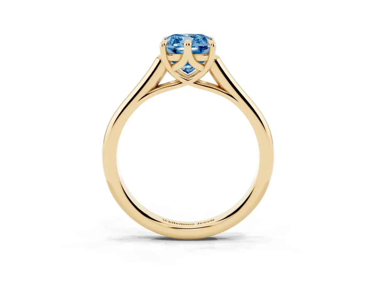 Fancy Blue Cushion Cut Solitaire Engagement Ring with Six-Prong Setting and Classic Band Yellow gold
