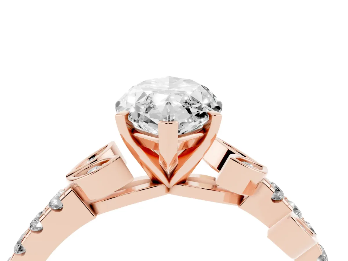 Marquise Cut Solitaire Leaf-Inspired Diamond Ring with Pavé Band and Four-Prong Setting Rose gold