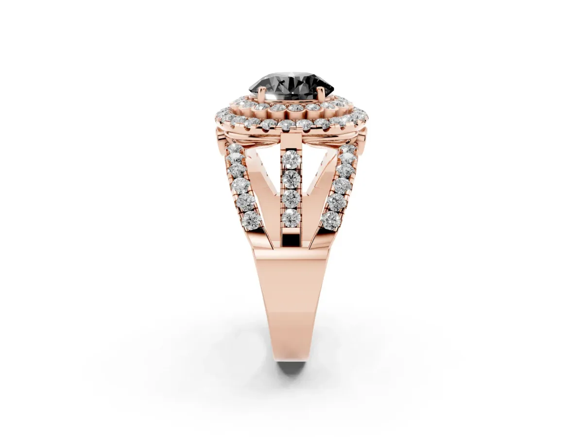 Fancy Black Round Cut Diamond Double Halo Ring with Round Pavé Split Shank and Prong Setting Rose gold