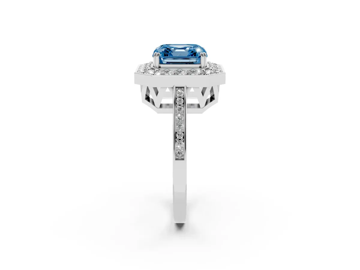 Fancy Blue Asscher Cut Diamond Halo Ring with Split Shank and Four-Prong Setting Platinum