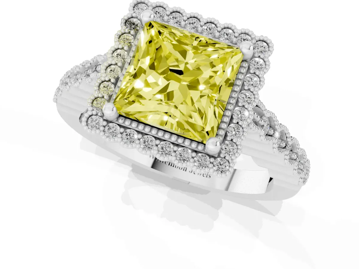 Fancy Yellow Princess Cut Cut Halo Pavé Solitaire Ring with Milgrain Band Platinum
