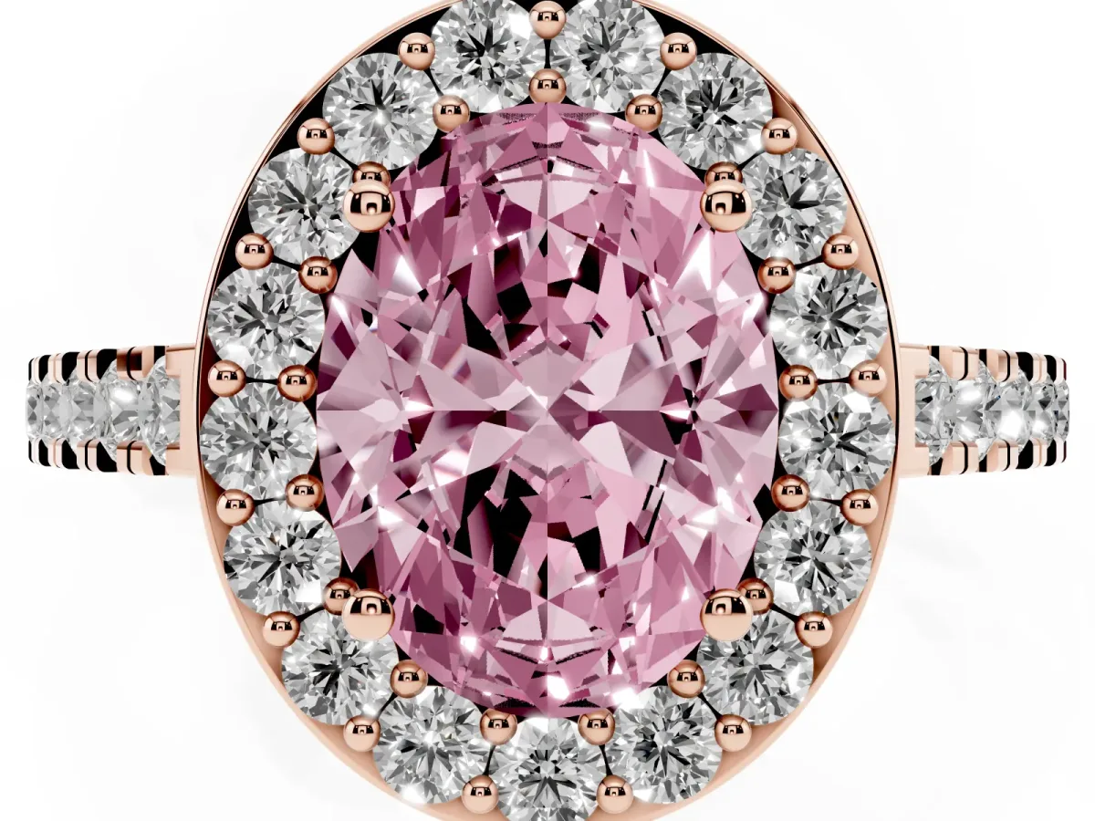 Fancy Pink Oval Cut Diamond Halo Ring with Round Pavé Split Shank and Prong Setting Rose gold