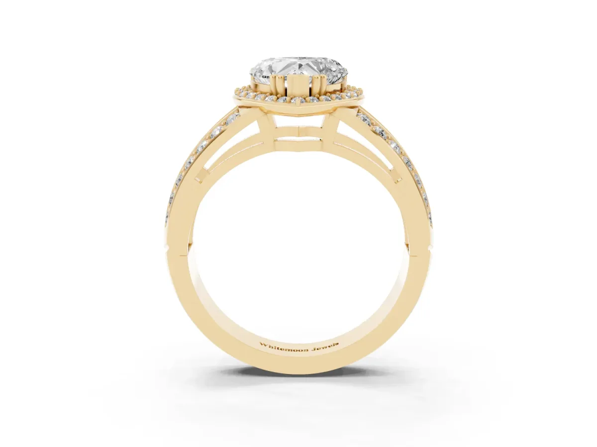 Heart Cut Diamond Halo Ring with Split Shank Pavé Band and Four-Prong Setting Yellow gold