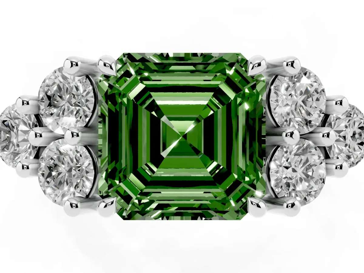 Fancy Green Asscher Cut Brilliant Diamond Cluster Accent Solitaire Ring with Prong Setting Platinum