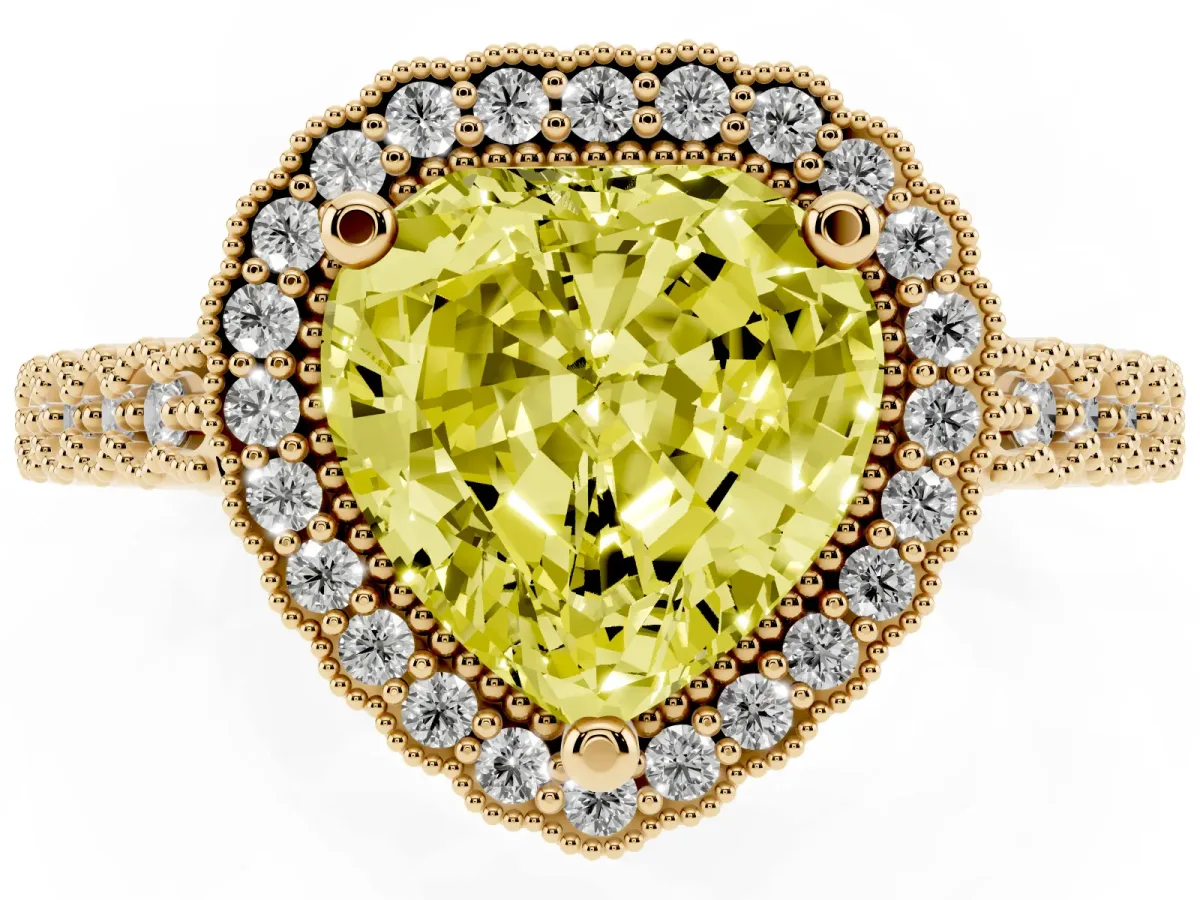 Fancy Yellow Heart Cut Cut Halo Pavé Solitaire Ring with Milgrain Band Yellow gold
