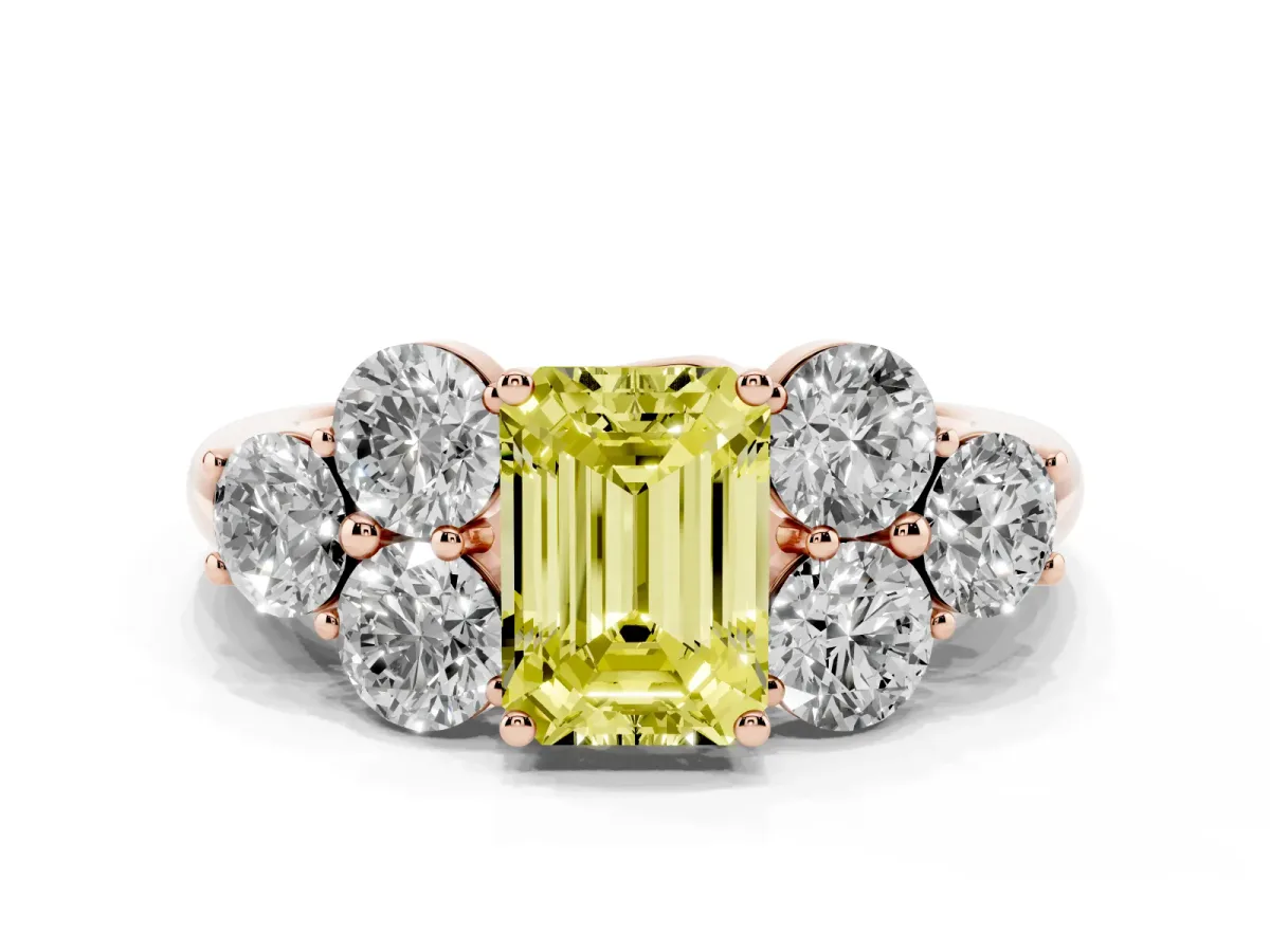 Fancy Yellow Emerald Cut Cut Diamond Cluster Ring with Round Accent Stones and Prong Setting on a Classic Band Rose gold