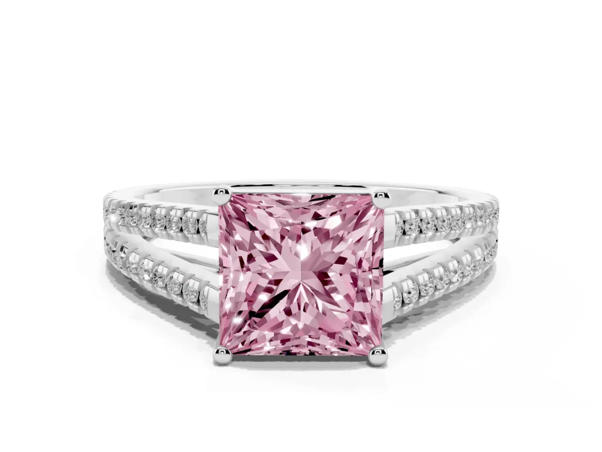 Fancy Pink Princess Cut Diamond Solitaire Engagement Ring with Split Shank Pavé Band Silver