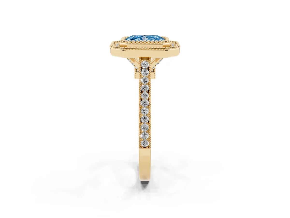 Fancy Blue Radiant Cut Diamond Halo Ring with Milgrain Frame and Pavé Band Yellow gold
