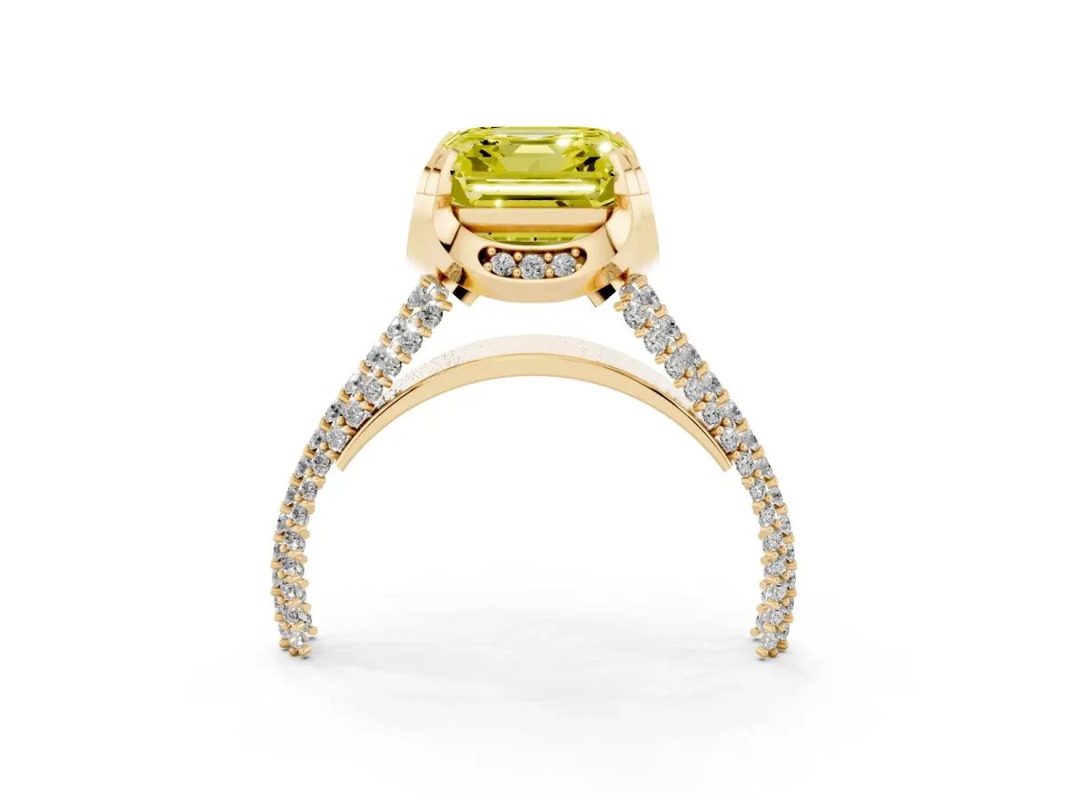 Fancy Yellow Asscher Cut Solitaire Pave Split Shank Ring with Four-Prong Setting Yellow gold